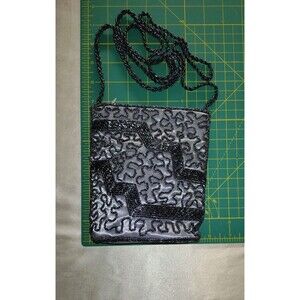 Black Pearls Beads Hand Grey Clutch Evening Hand Bag Purse Silver Prom Wedding